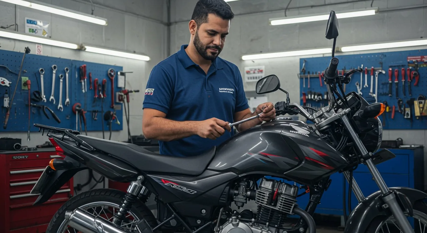 Mecânico trabalhando em uma motocicleta na oficina